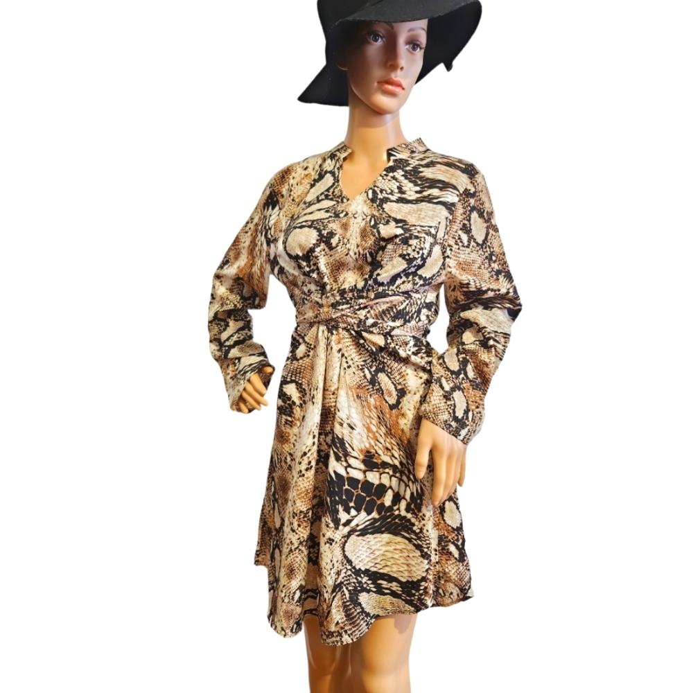 Brown SNAKE SKIN Print Wrap Tie knee-high dress, Large, By Shein
